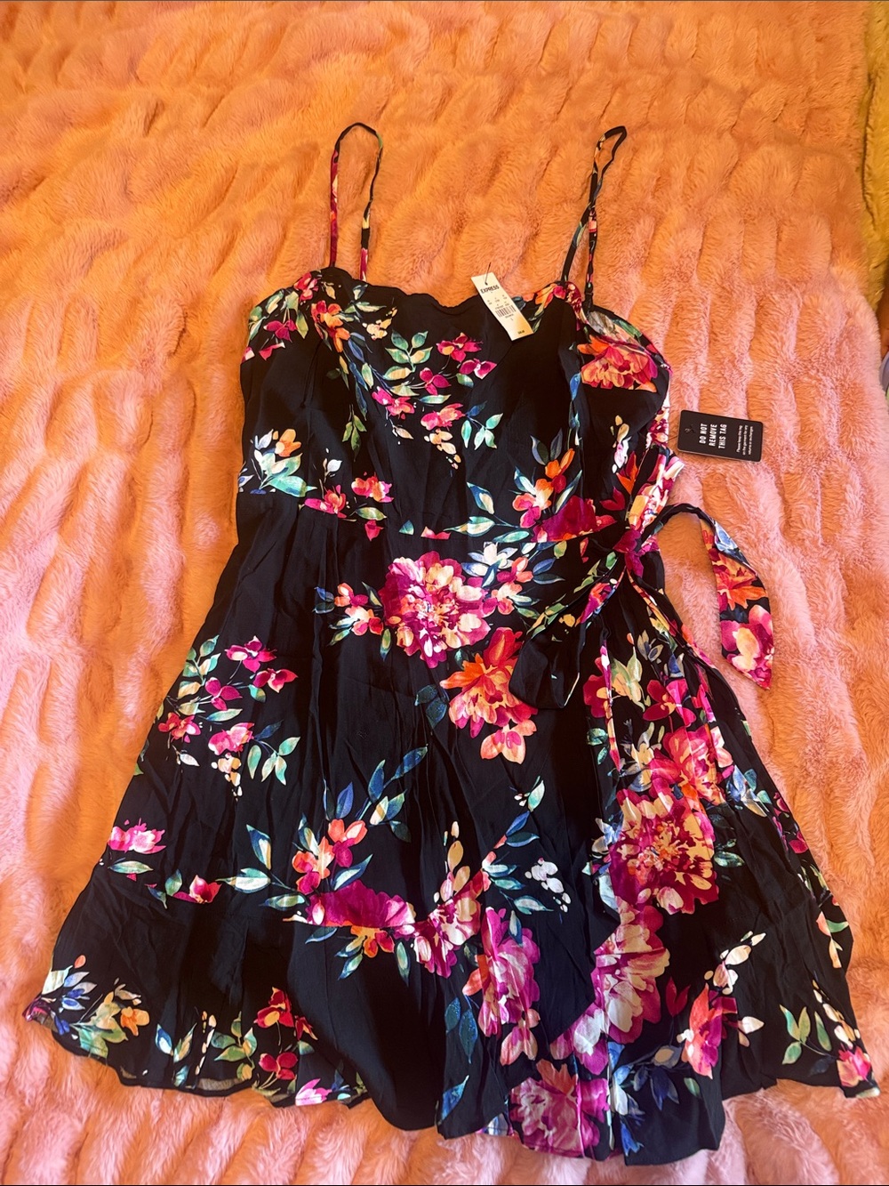 Express Black Floral Tie-Waist Mini Dress